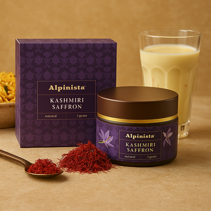 Alpinista Kashmiri Saffron packaging with saffron strands and a glass of milk on a beige background